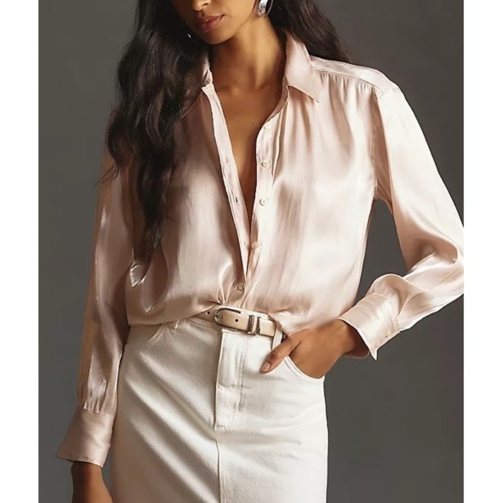 By Anthropologie Silky Iridescent Button Down Shirt Sz L New Crème Champagne $98